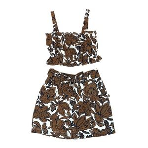 LUECCA Bohemian Floral Print Smocked Crop Top & Paperbag Waist Skirt Set M